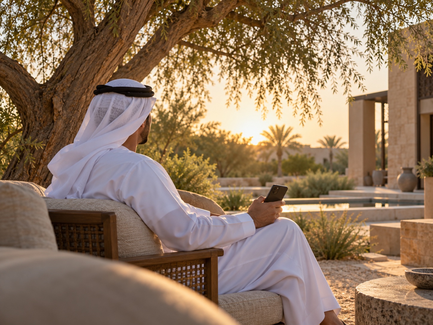 A business owner holds a phone outdoors under a tree at golden hour.
