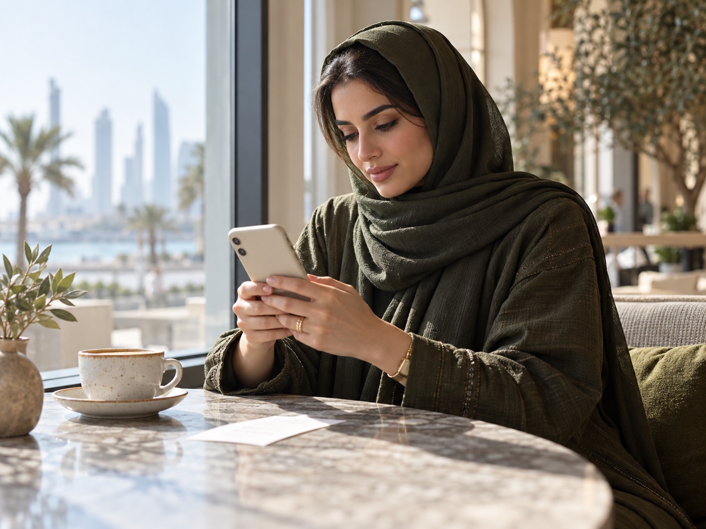 A business owner reviews something on a phone with the screen out of view.