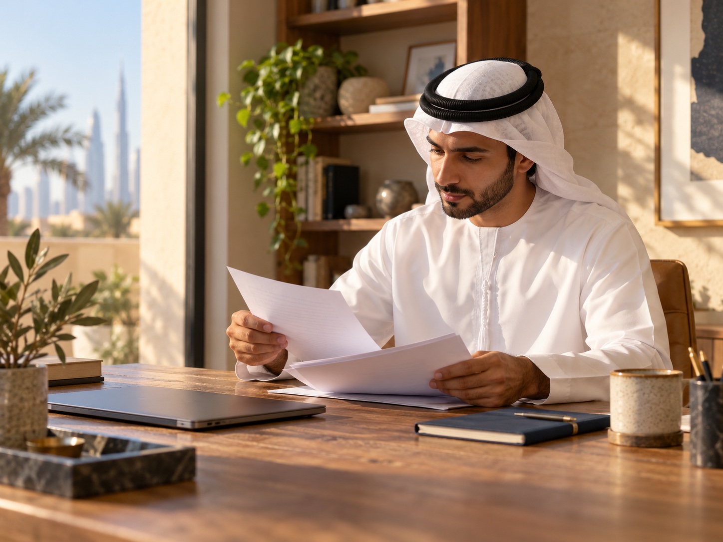 A business owner reviews paper records beside a closed laptop.