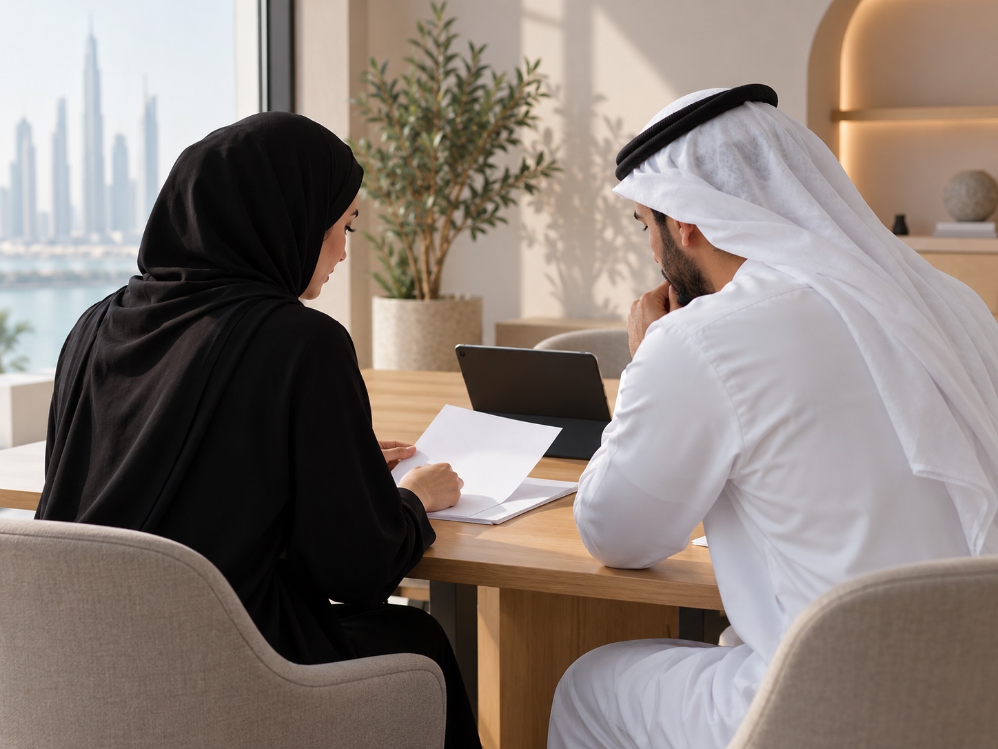 Two colleagues review blank papers beside a tablet whose screen is hidden.
